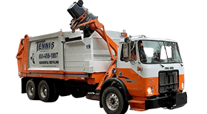 Tennis Sanitation residential trash truck for weekly curbside garbage pickup in the East Metro