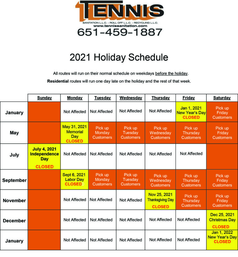 Holiday Schedule Tennis Sanitation