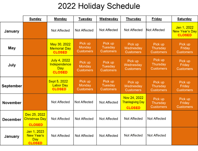 Holiday Schedule Tennis Sanitation