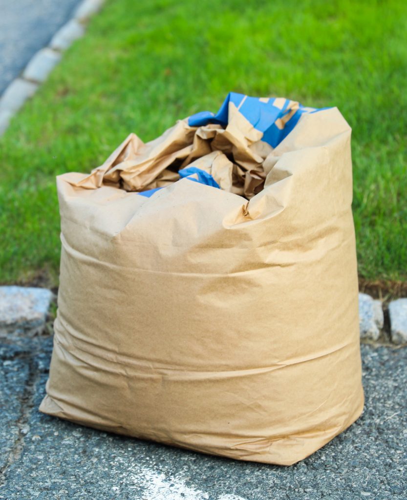 Certified compostable paper yard waste bag placed at the curb for pickup