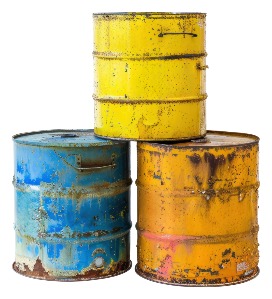Three rusted hazardous waste barrels in yellow, blue, and orange colors stacked against a white background.
